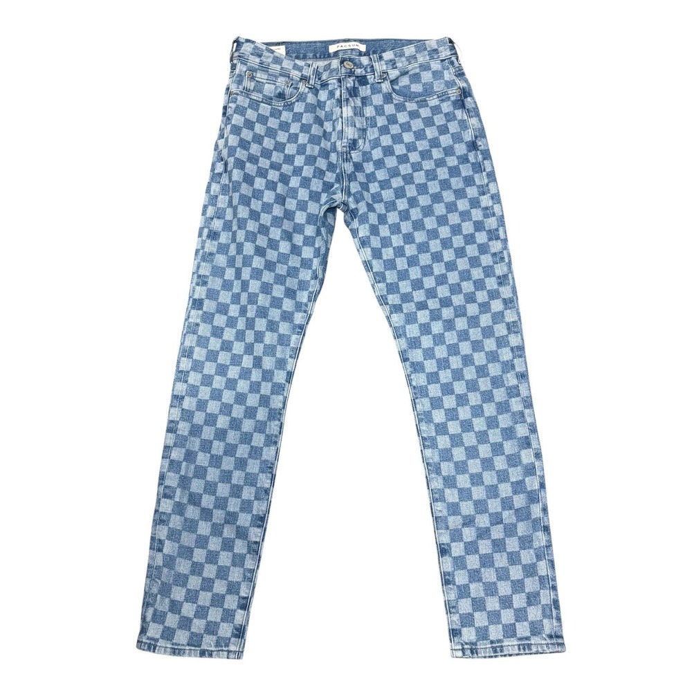 PacSun Blue Checkerboard Slim Taper Denim Jeans Men's 30x32 Comfort Stretch - Picture 2 of 8